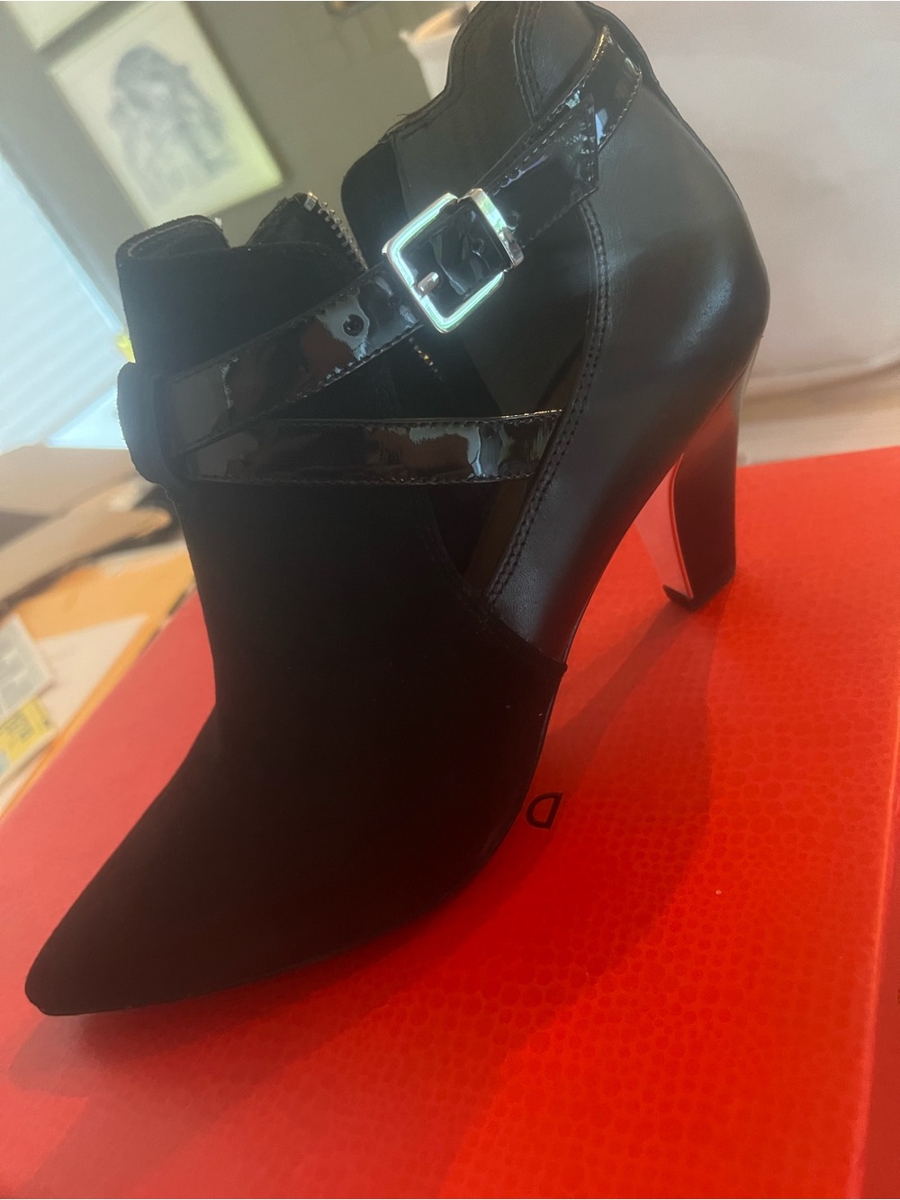 Donald J. Pliner Black Suede & Patent Leather Buckle Ankle Boot -Tamy